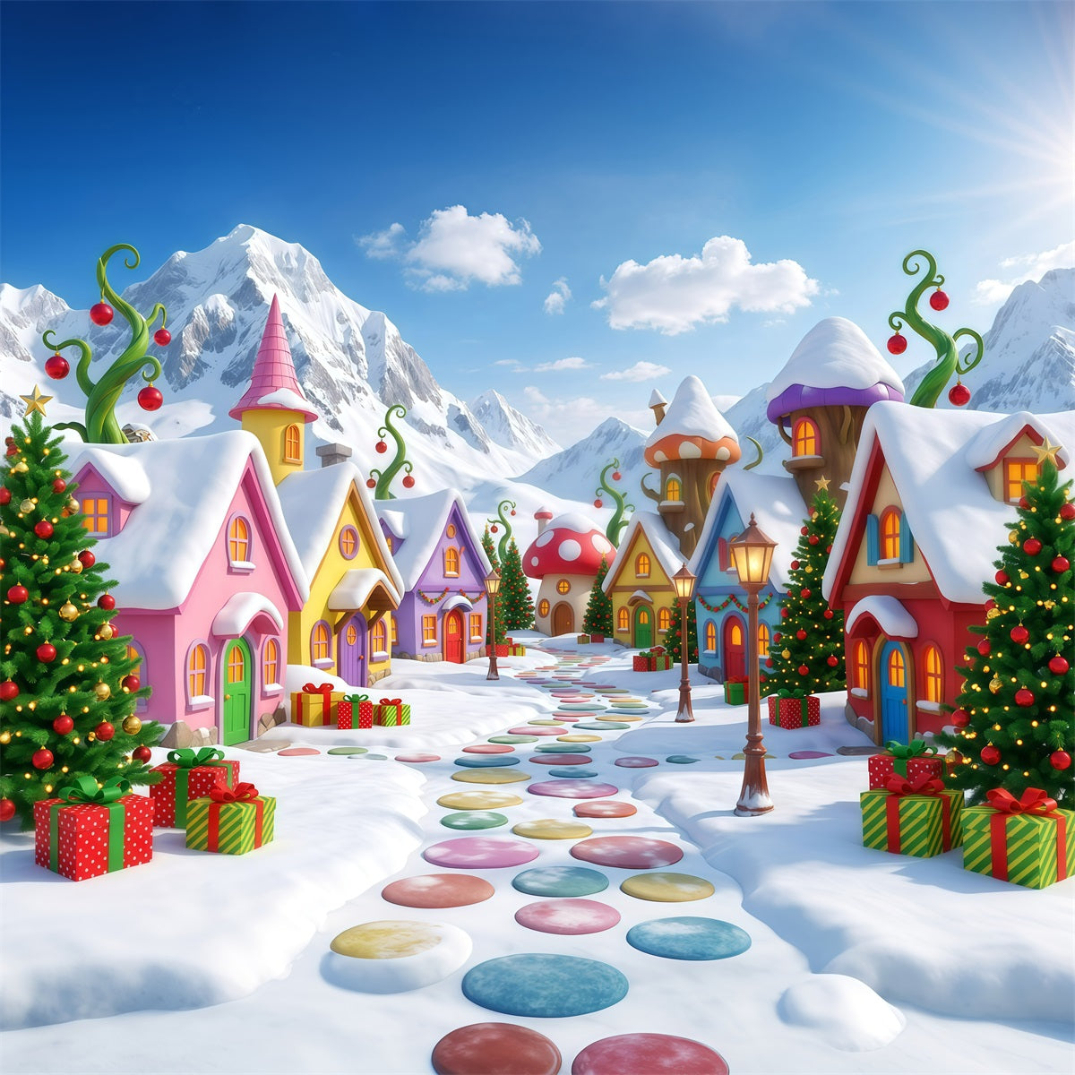 Mountain Backdrop For Christmas Village Snowy Candy House Xmas Backdrops Photography UK RR610-37