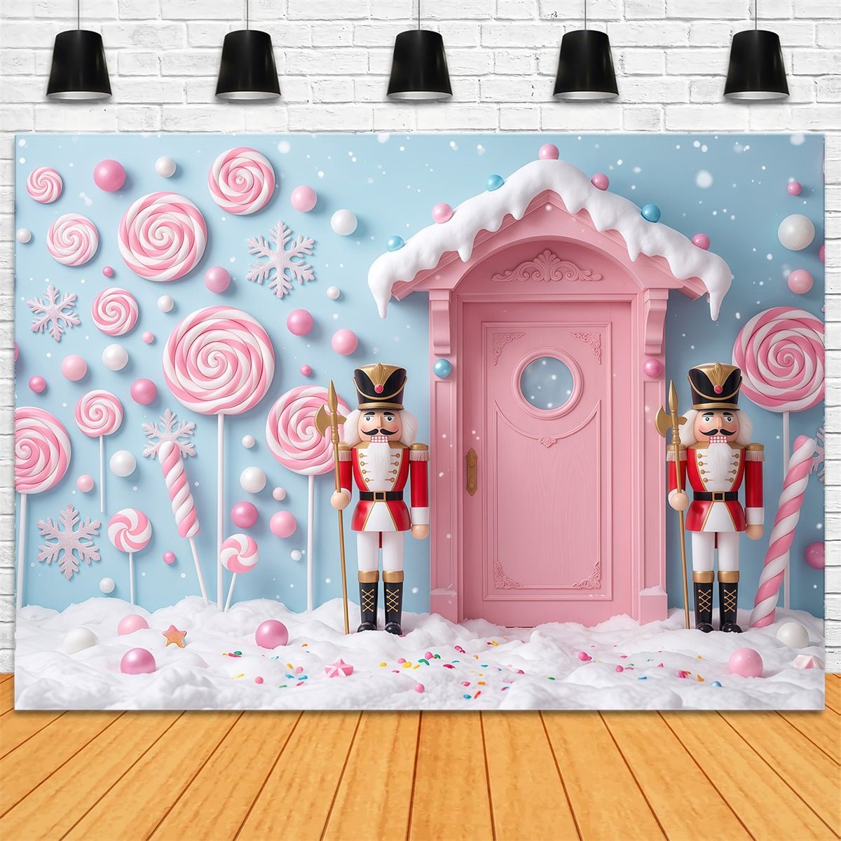Land Of Sweets Nutcracker Backdrop Pink Candy Door Snow The Nutcracker Backdrop UK RR610-38