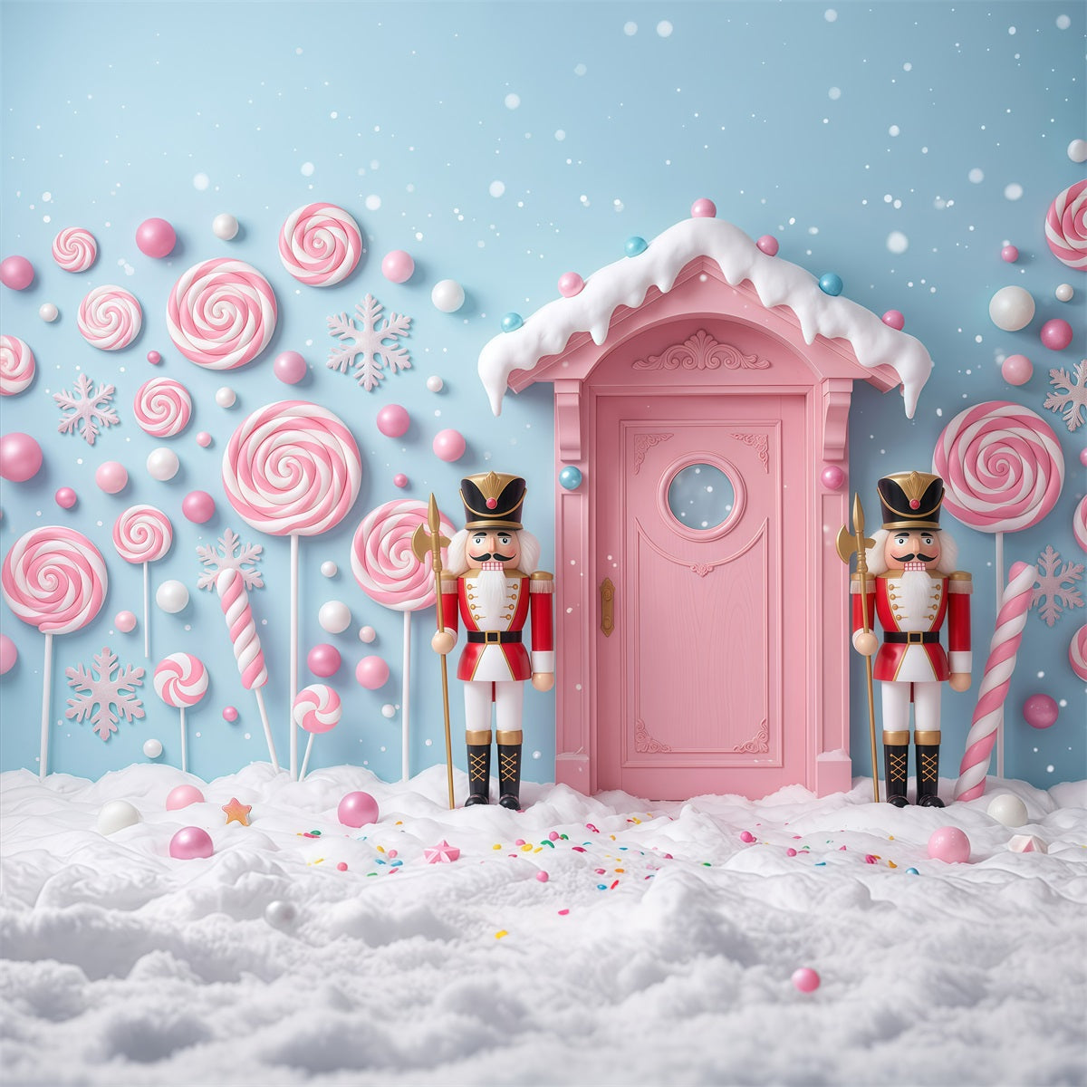 Land Of Sweets Nutcracker Backdrop Pink Candy Door Snow The Nutcracker Backdrop UK RR610-38