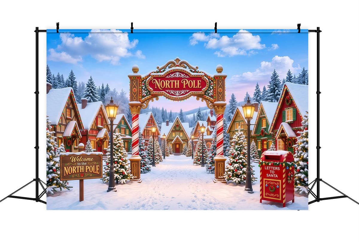 Large Christmas Photo Backdrop Whimsical Snowy Village North Pole Backdrops UK RR610-42
