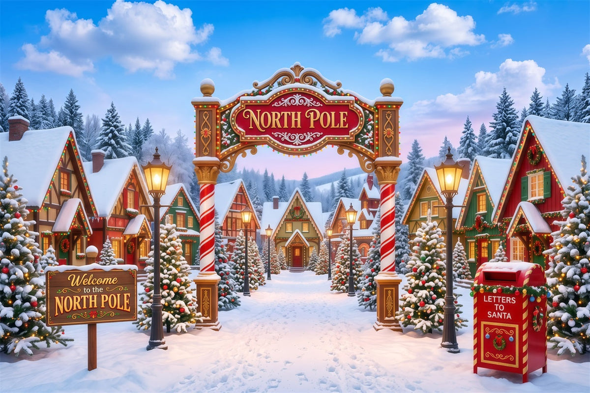 Large Christmas Photo Backdrop Whimsical Snowy Village North Pole Backdrops UK RR610-42