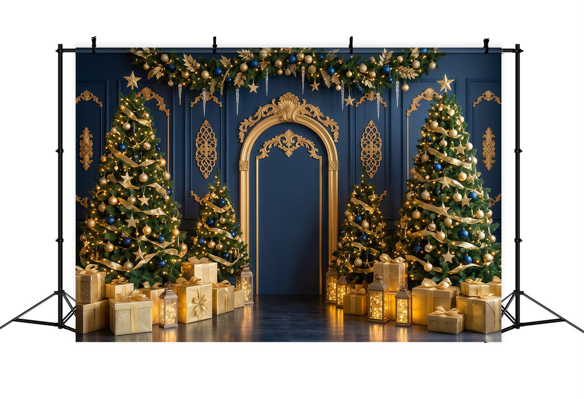 High Quality Christmas Backdrop Navy Gold Arch Display Christmas Holiday Backdrops UK RR610-43