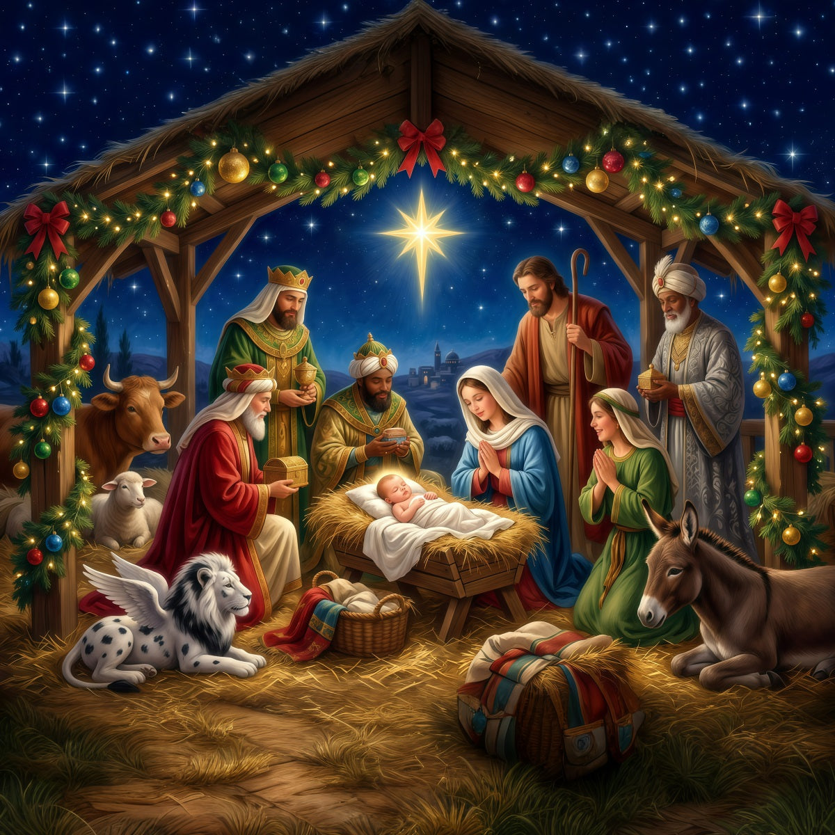 Christmas Backdrop Church Starry Nativity Manger Gathering Nativity Scene Backdrops UK RR610-45