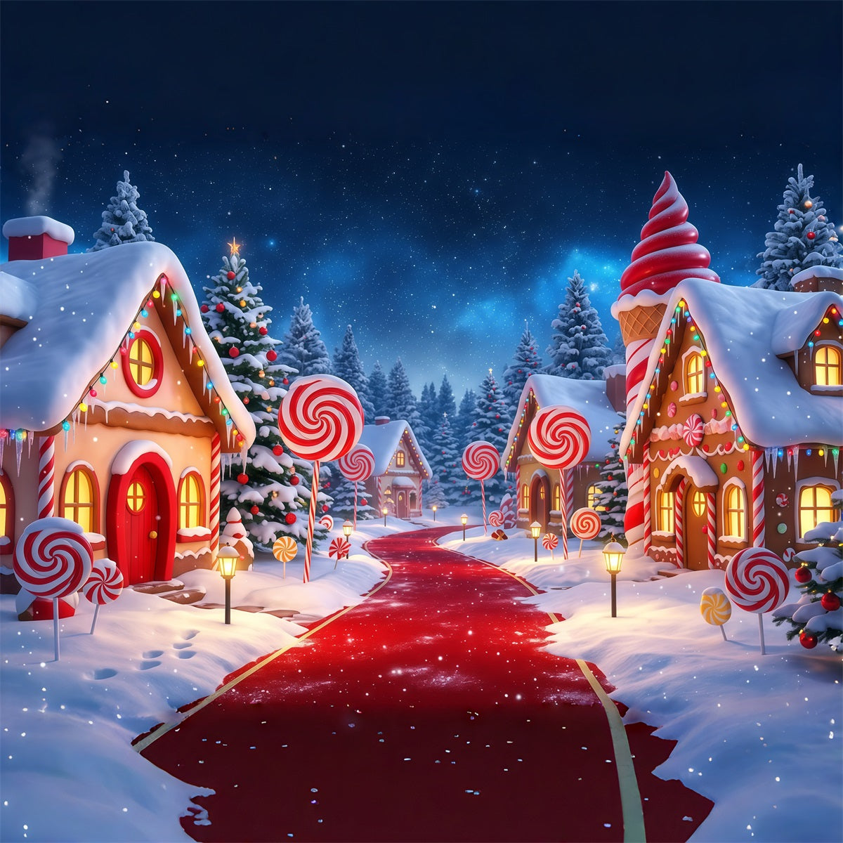 Country Christmas Backdrop Candy Village Snowy Path Christmas Photos Backdrop UK RR610-47