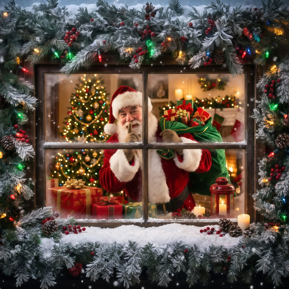 Backdrops For Santa Photos Snowy Window Gift Surprise Photography Santa Backdrop UK RR610-48