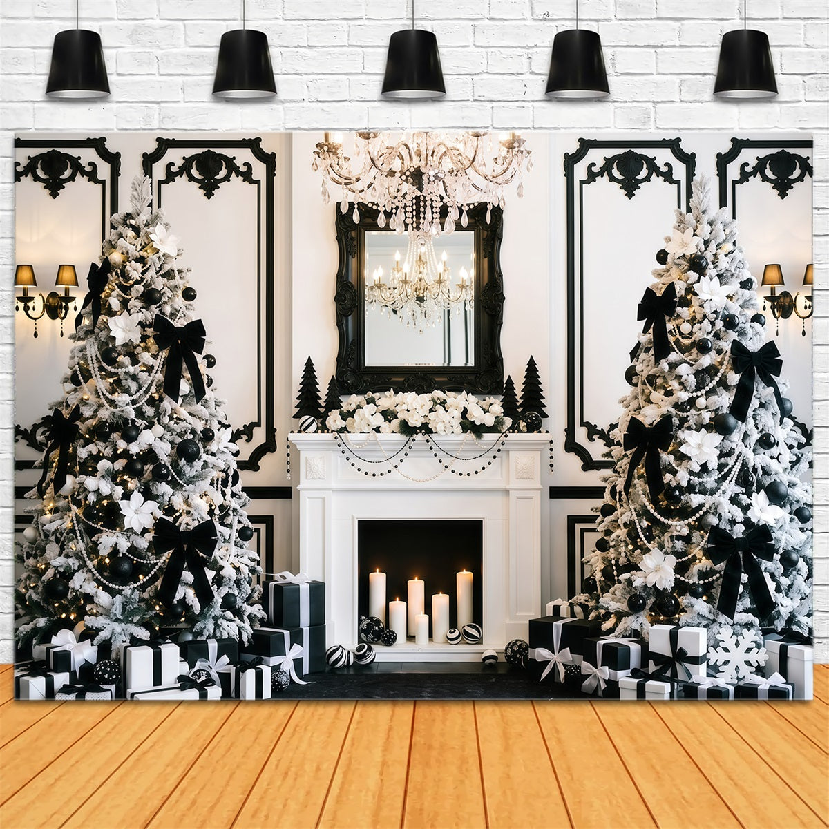 Black And White Christmas Backdrop Elegant Fireplace Tree Purple Christmas Backdrop UK RR610-49