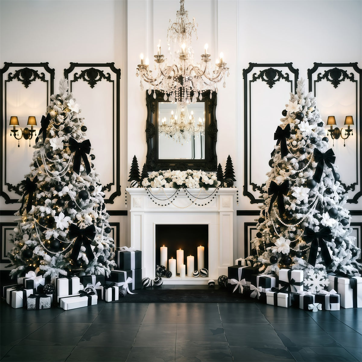 Black And White Christmas Backdrop Elegant Fireplace Tree Purple Christmas Backdrop UK RR610-49