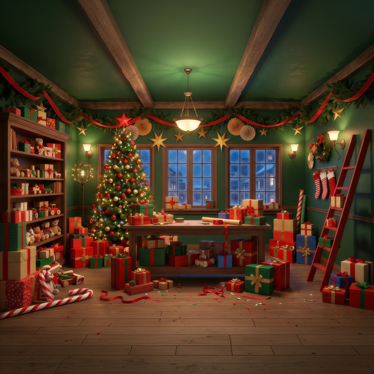 Santa Backdrop Festive Green Gift Workshop Christmas Backdrop UK RR610-52