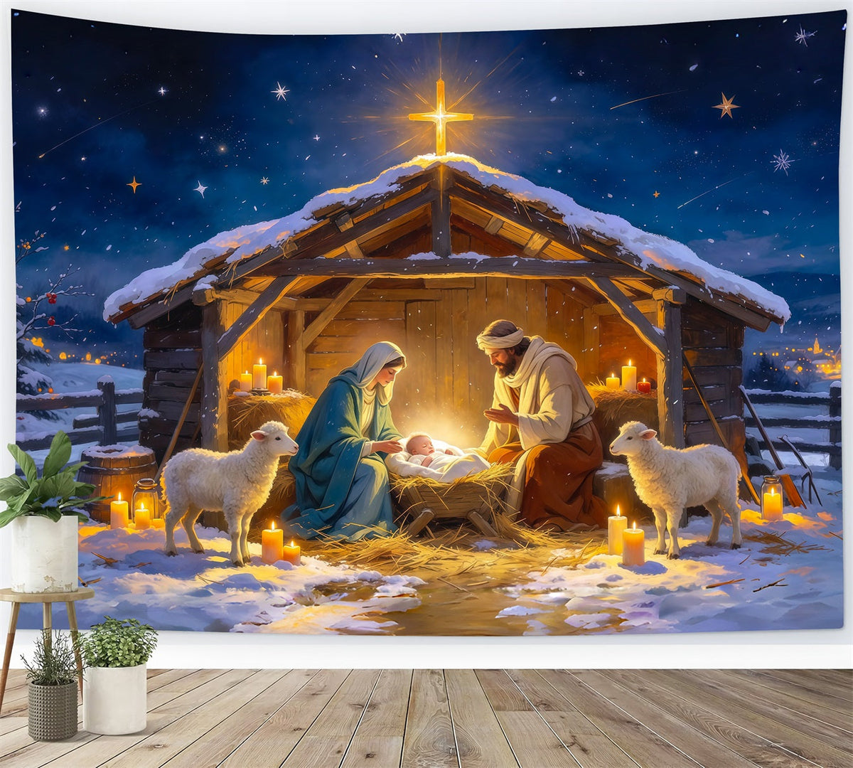 Nativity Scene Backdrop Starry Night Stable Gathering Christmas Photo Backdrops UK RR610-54