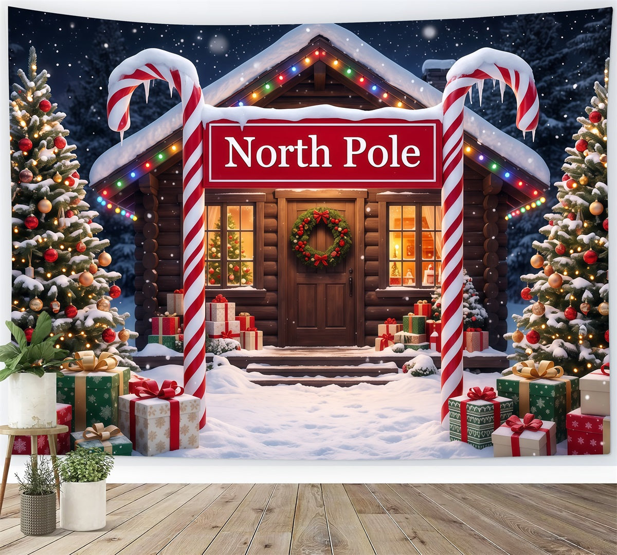 North Pole Photo Backdrop Candy Cane Snowy Cabin Professional Christmas Backdrop UK RR610-56