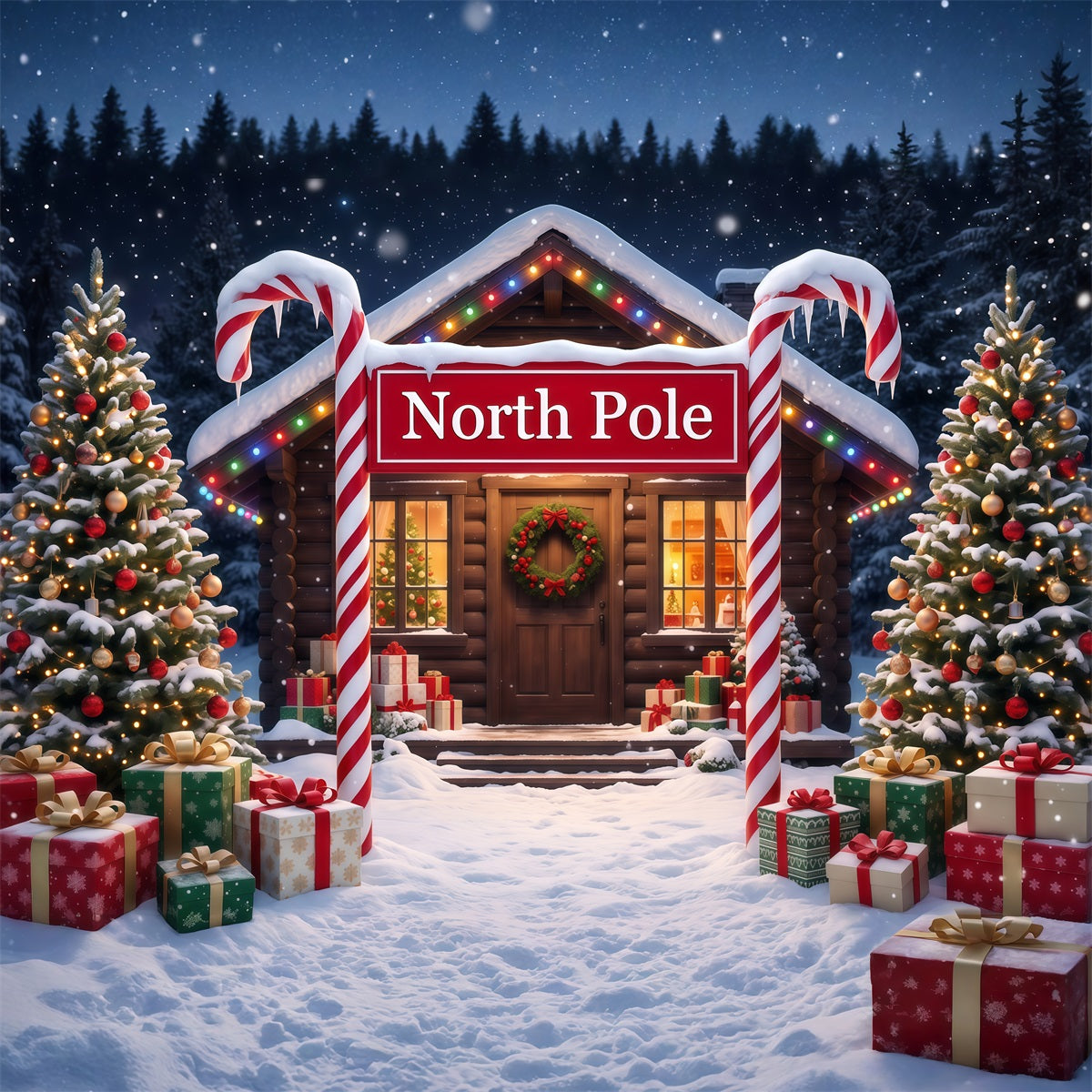 North Pole Photo Backdrop Candy Cane Snowy Cabin Professional Christmas Backdrop UK RR610-56