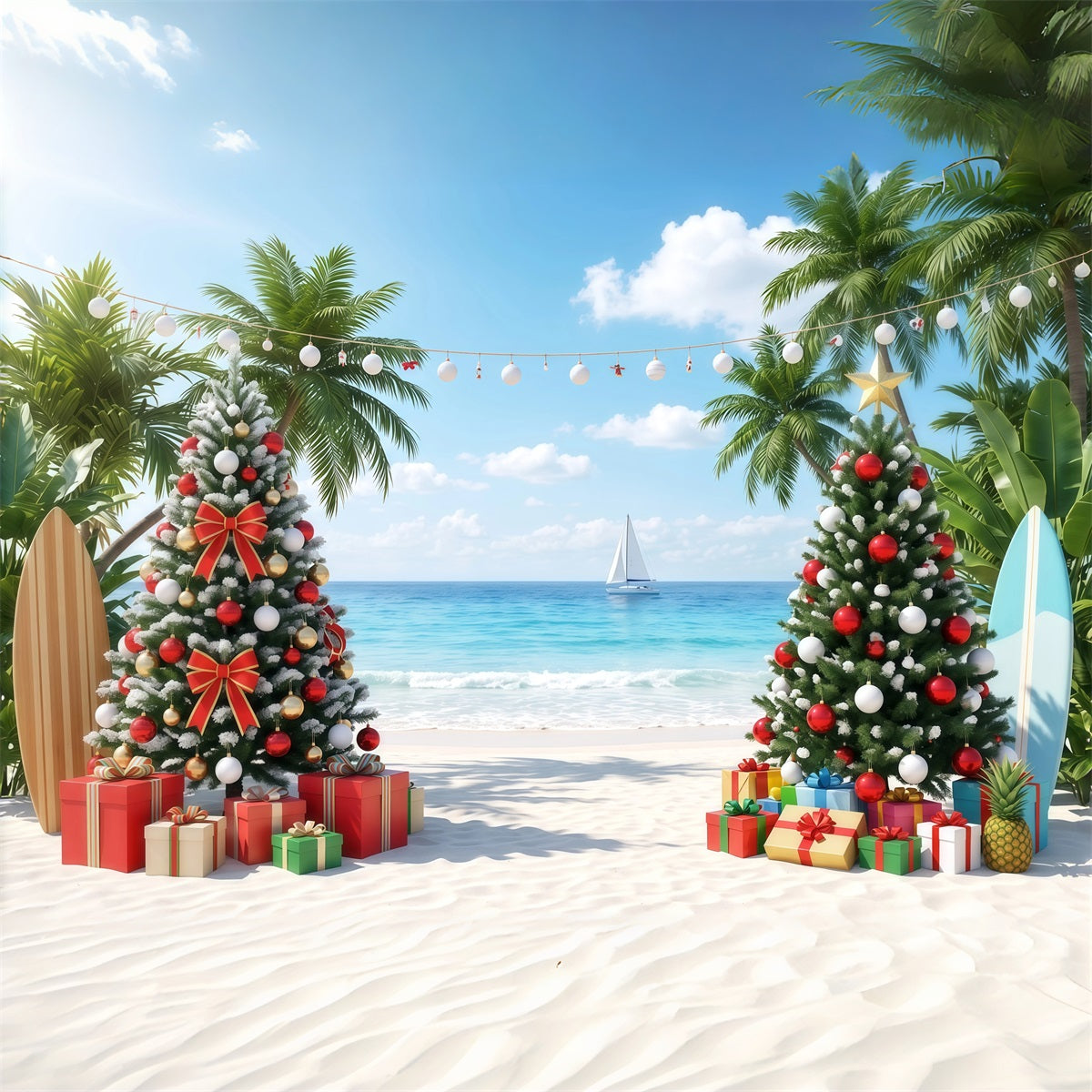 Tropical Christmas Backdrop Beach Sea Palm Trees Christmas Backdrops for Photos UK RR610-57
