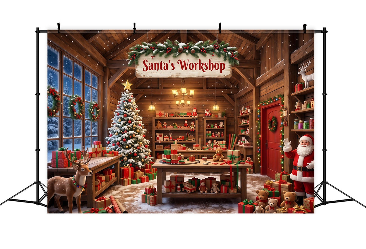 Santa Workshop Backdrop Rustic Cabin Interior Christmas Backdrops for Photography UK RR610-59