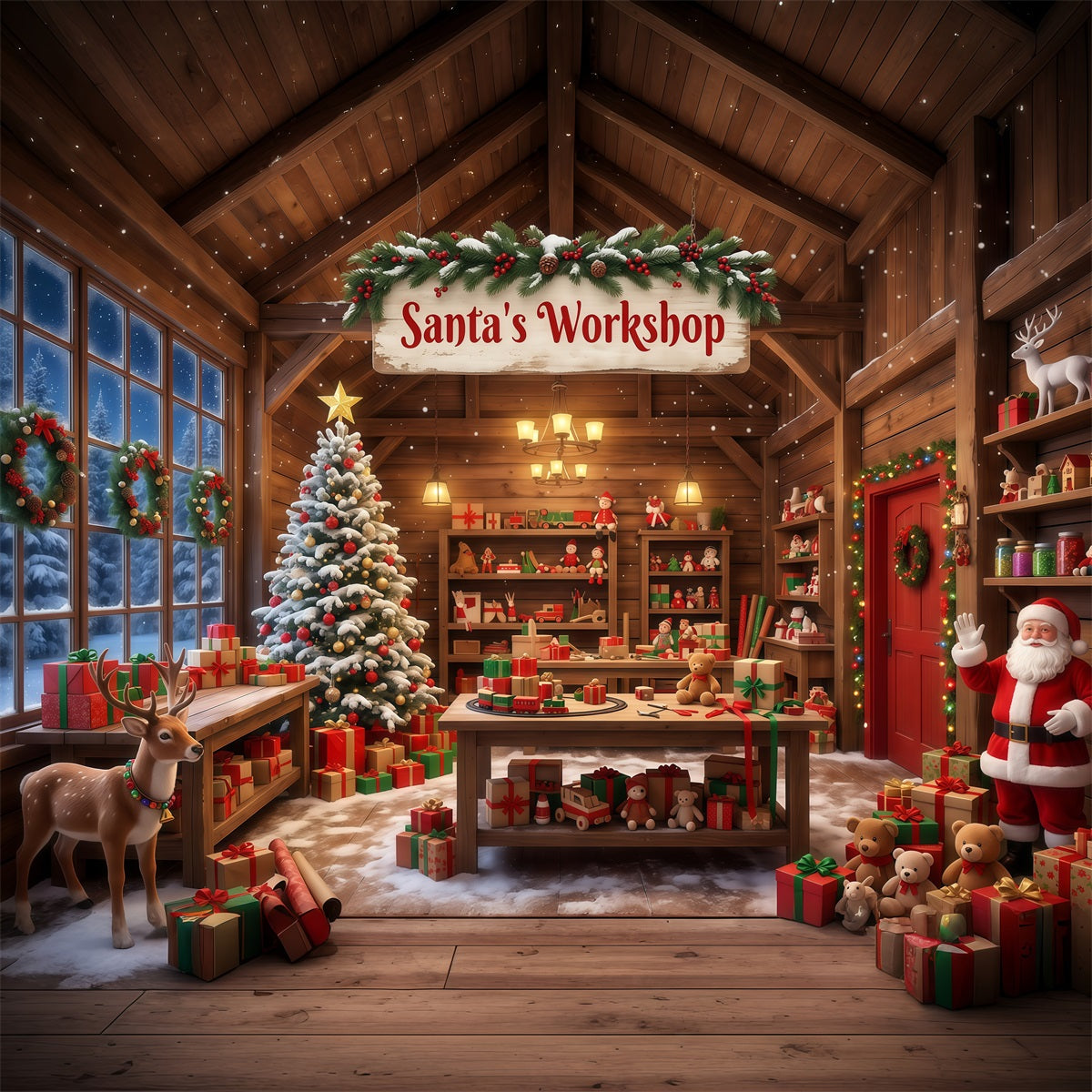 Santa Workshop Backdrop Rustic Cabin Interior Christmas Backdrops for Photography UK RR610-59