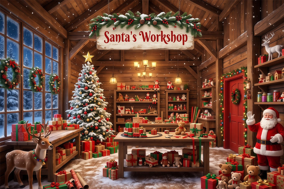 Santa Workshop Backdrop Rustic Cabin Interior Christmas Backdrops for Photography UK RR610-59