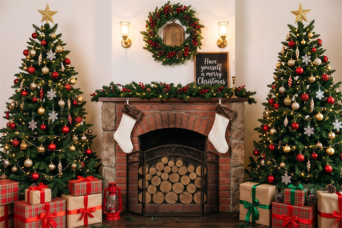 Christmas Backdrop For Photography Cozy Fireplace Tree Display Backdrops For Christmas UK RR610-6