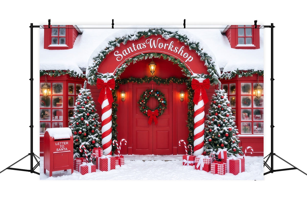 Santa's Workshop Backdrop Snowy Candy Cane Door Christmas Red Backdrop UK RR610-60