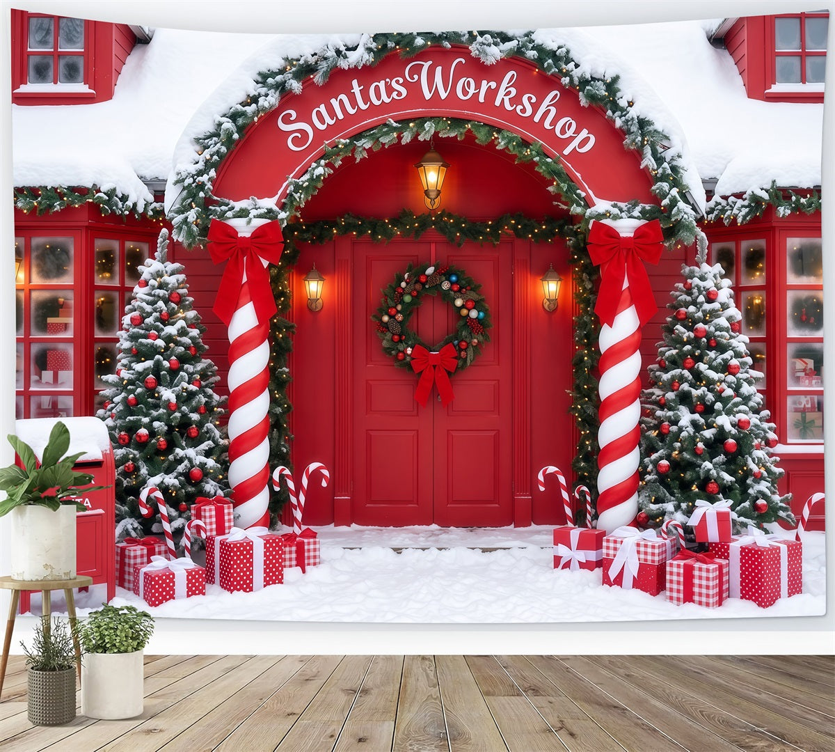 Santa's Workshop Backdrop Snowy Candy Cane Door Christmas Red Backdrop UK RR610-60