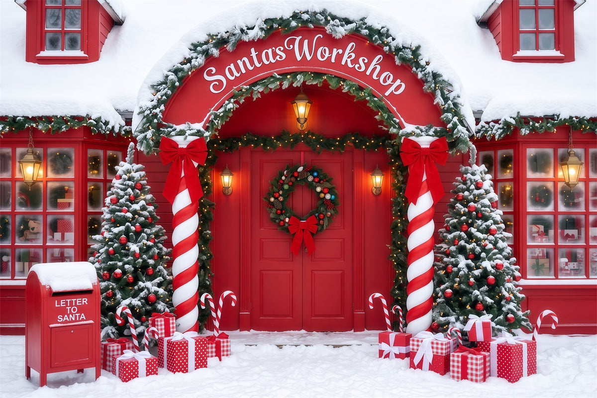Santa's Workshop Backdrop Snowy Candy Cane Door Christmas Red Backdrop UK RR610-60