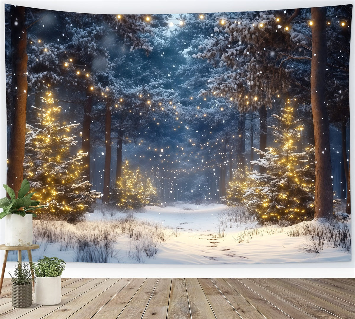 Christmas Tree Farm Backdrop Snowy Forest Golden Lights Christmas Tree Backdrops UK RR610-66