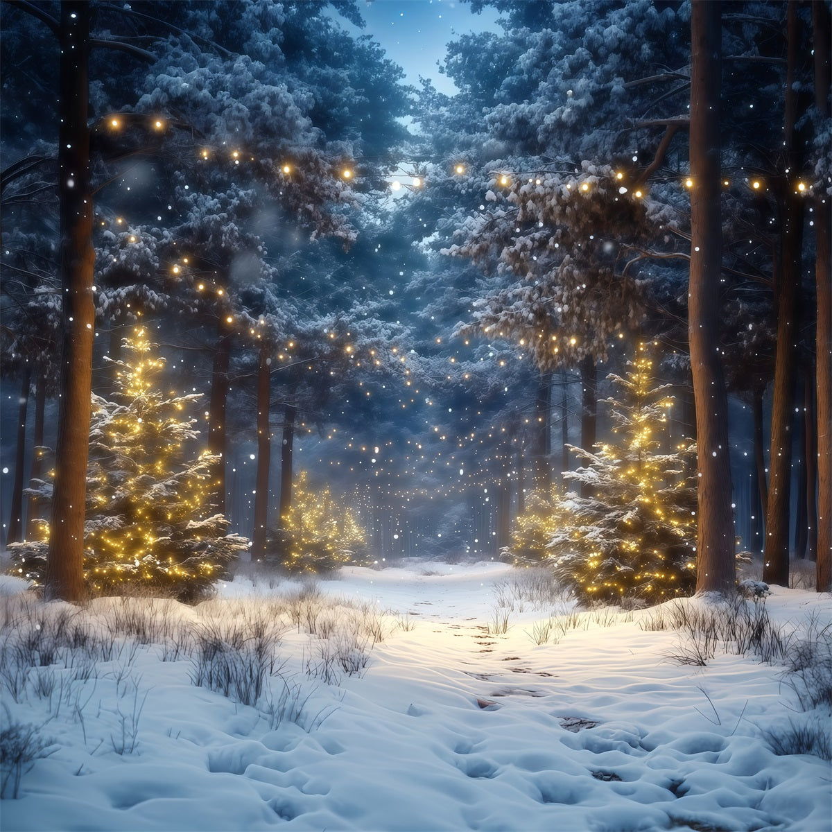 Christmas Tree Farm Backdrop Snowy Forest Golden Lights Christmas Tree Backdrops UK RR610-66