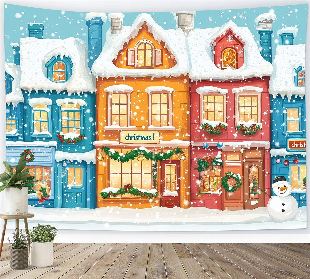 Christmas Town Backdrops Colorful Snowy Village Houses Christmas Picture Backdrop UK RR610-67