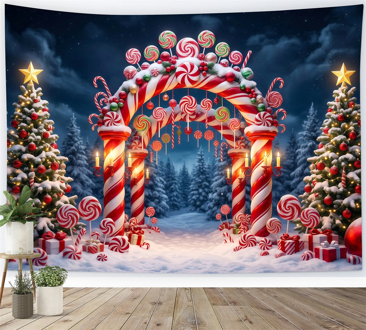 Christmas Candy Cane Backdrop Snowy Forest Candy Archway Christmas Party Backdrop UK RR610-68