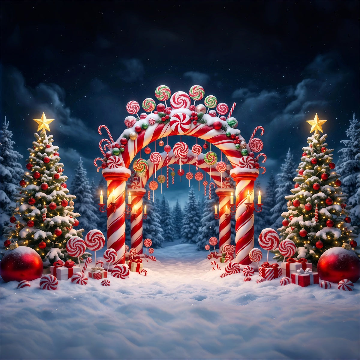 Christmas Candy Cane Backdrop Snowy Forest Candy Archway Christmas Party Backdrop UK RR610-68
