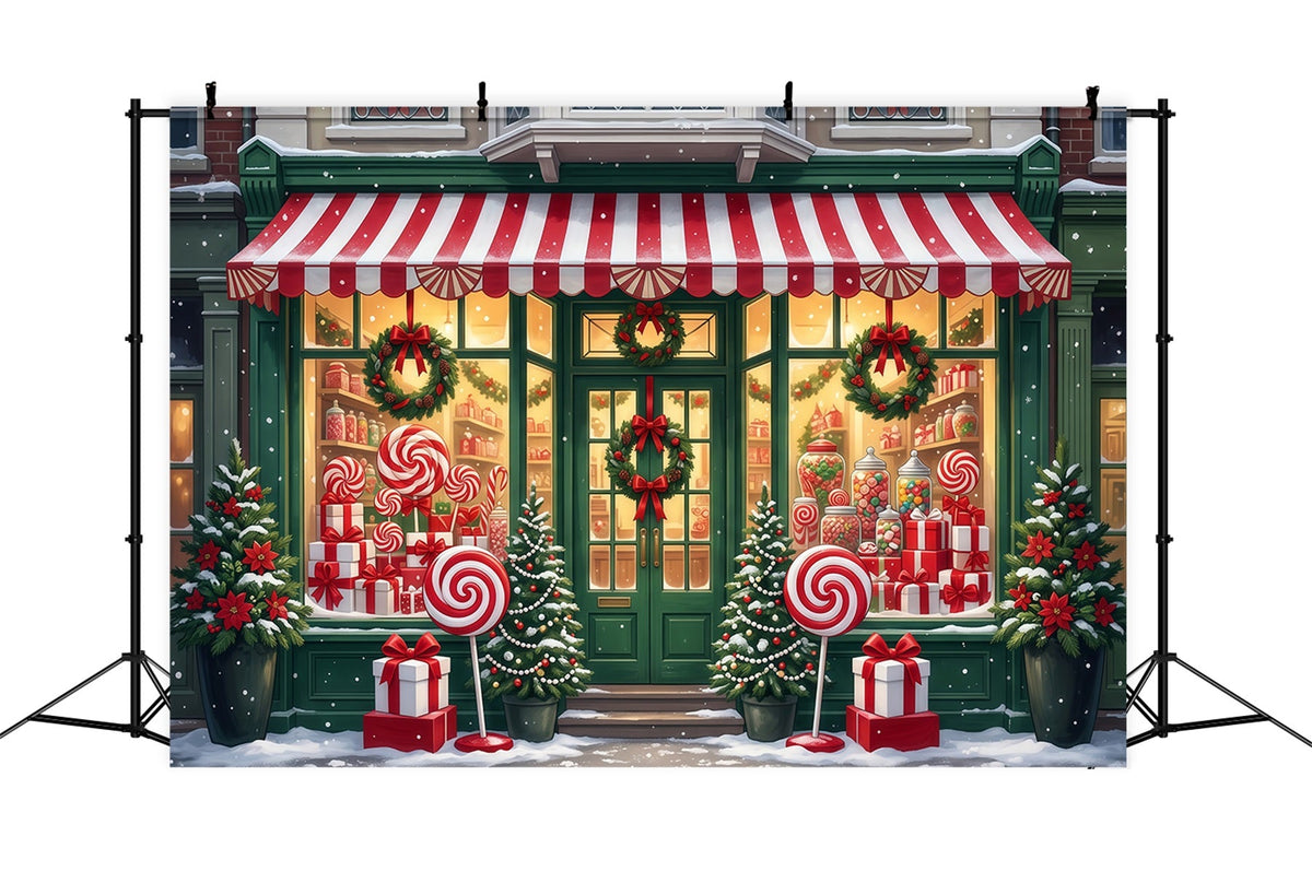 Christmas Candy Cane Backdrop Lollipop Candy Shopfront Merry Christmas Backdrop UK RR610-70