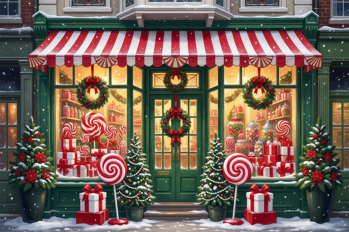 Christmas Candy Cane Backdrop Lollipop Candy Shopfront Merry Christmas Backdrop UK RR610-70
