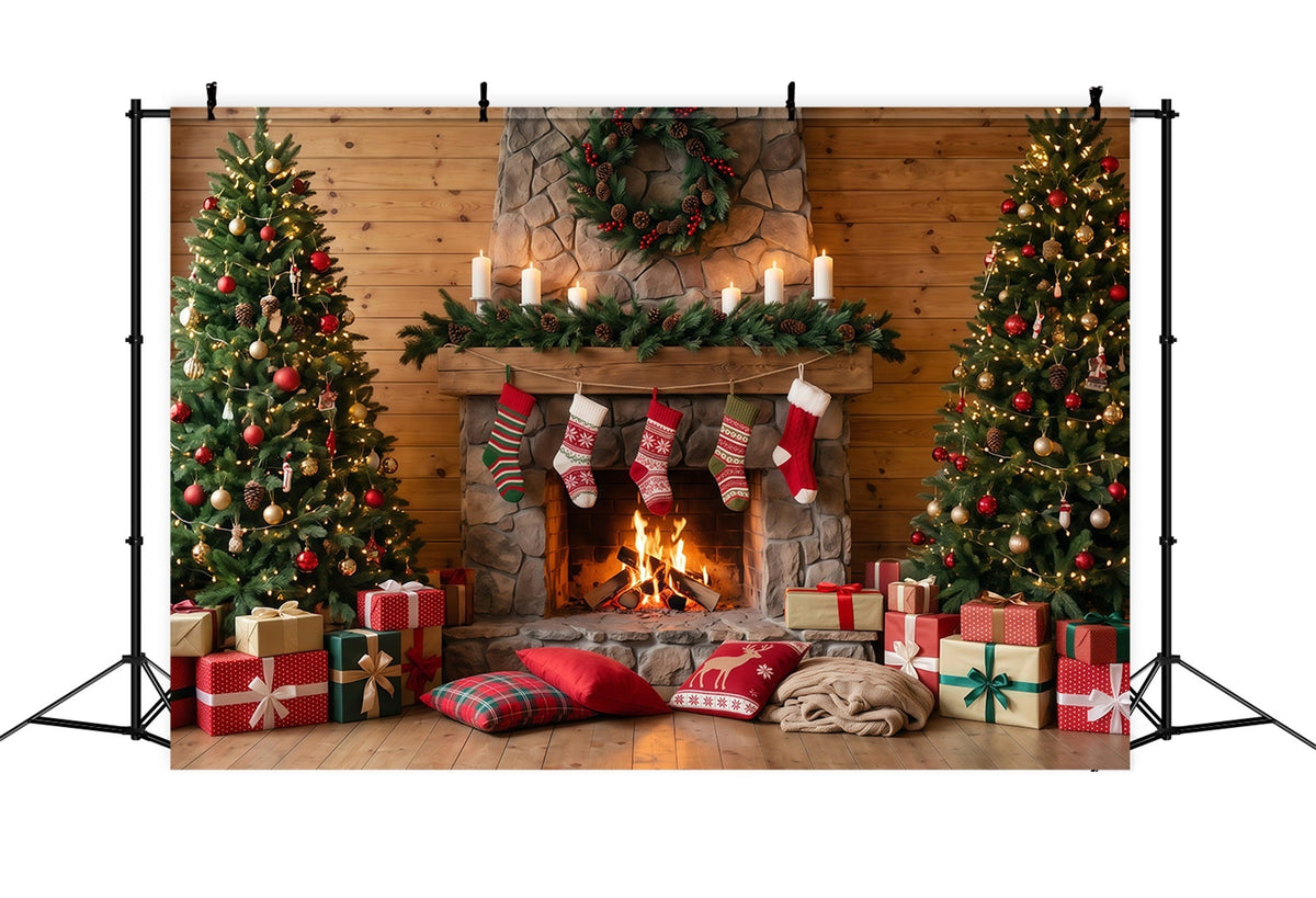 Christmas Fireplace Backdrop Rustic Stone Stockings Christmas Backdrop for Photography UK RR610-74