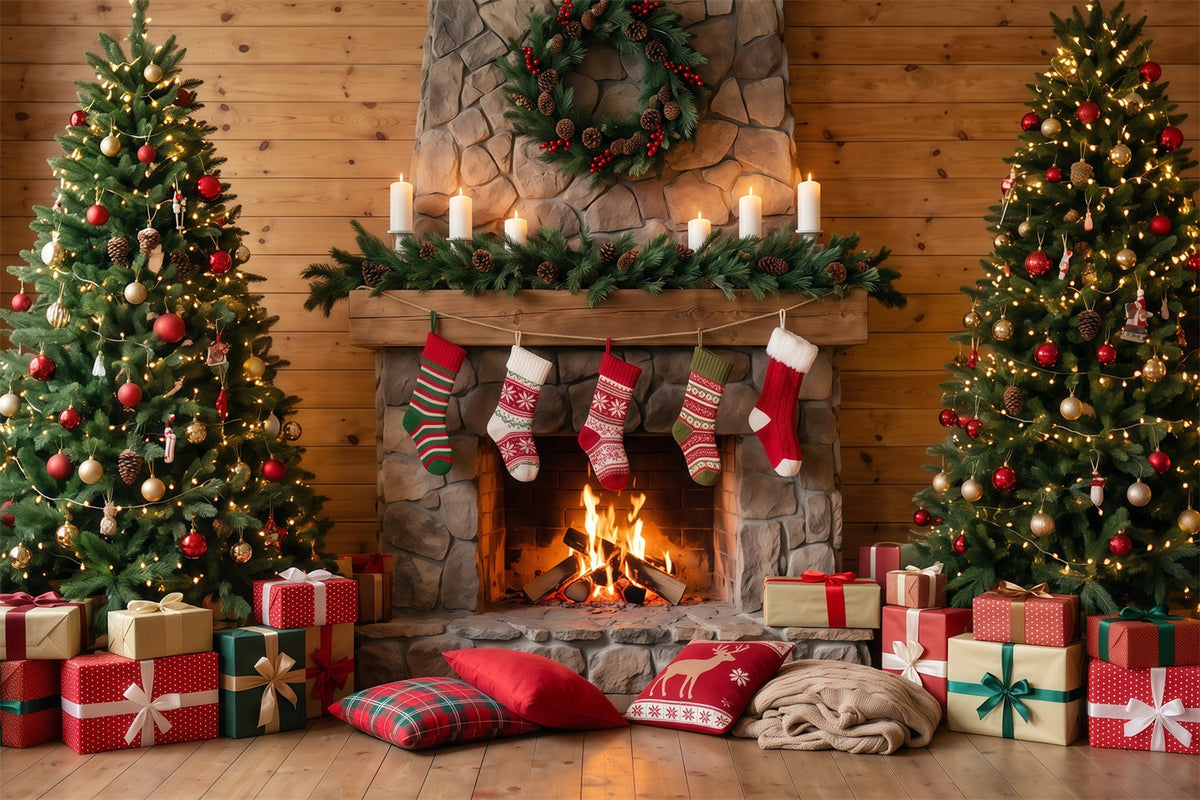 Christmas Fireplace Backdrop Rustic Stone Stockings Christmas Backdrop for Photography UK RR610-74