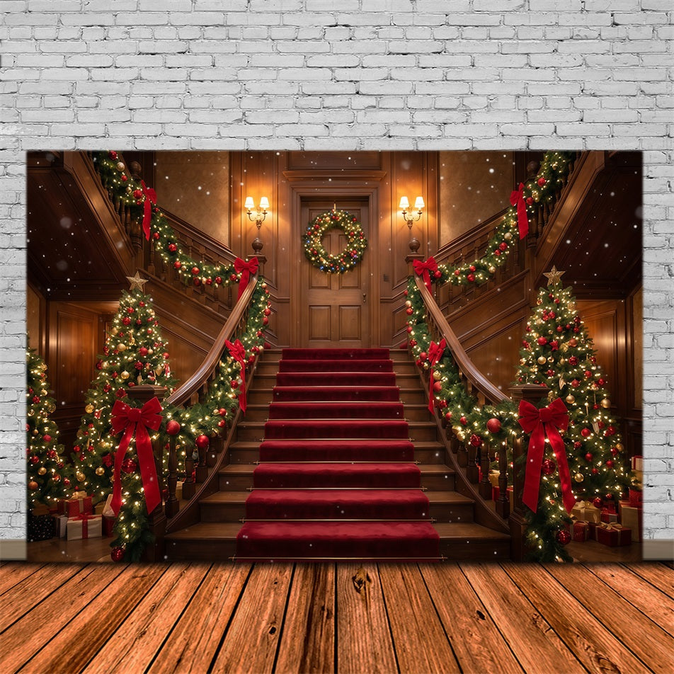 Christmas Scene Backdrop Burgundy Staircase Garland Display Christmas Staircase Backdrop UK RR610-75
