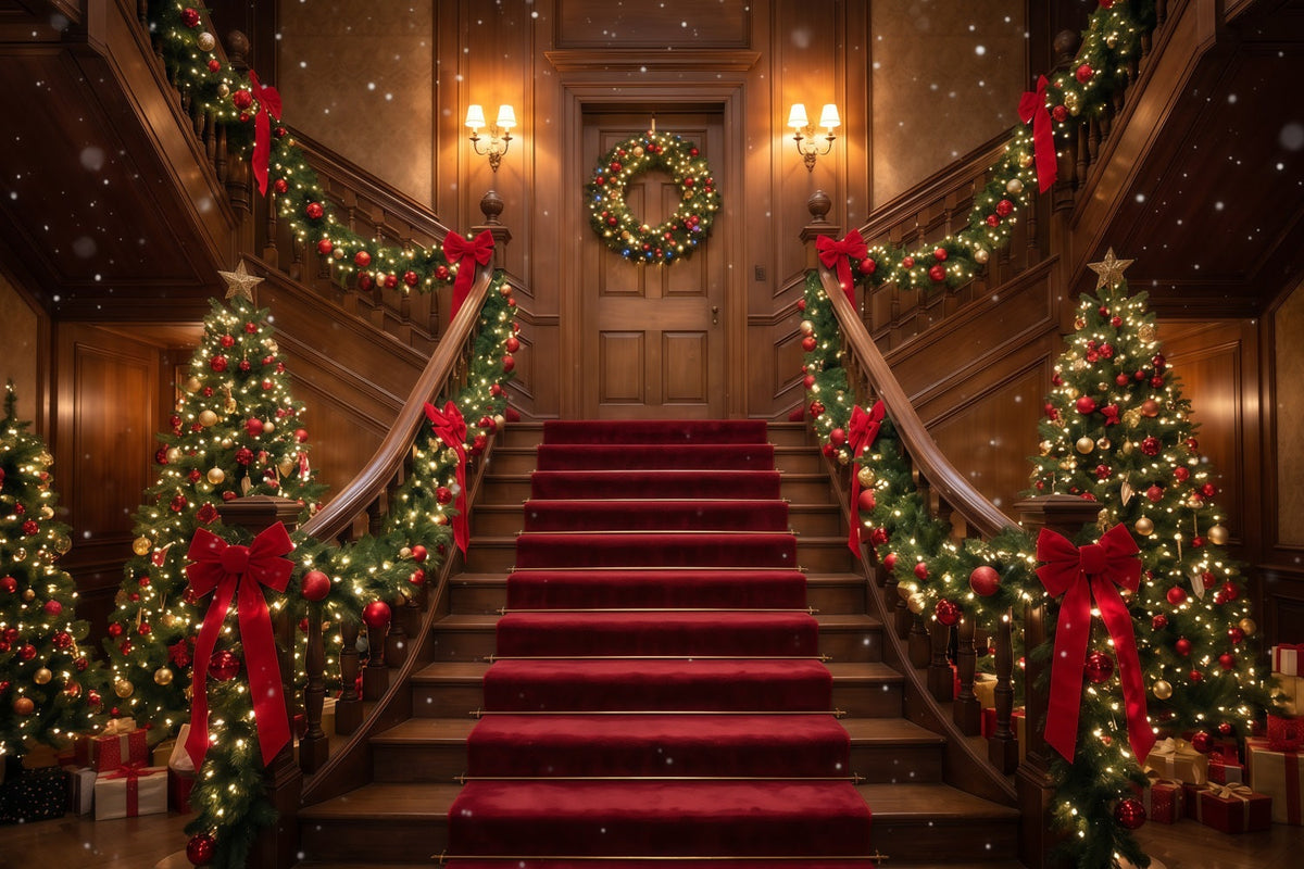 Christmas Scene Backdrop Burgundy Staircase Garland Display Christmas Staircase Backdrop UK RR610-75