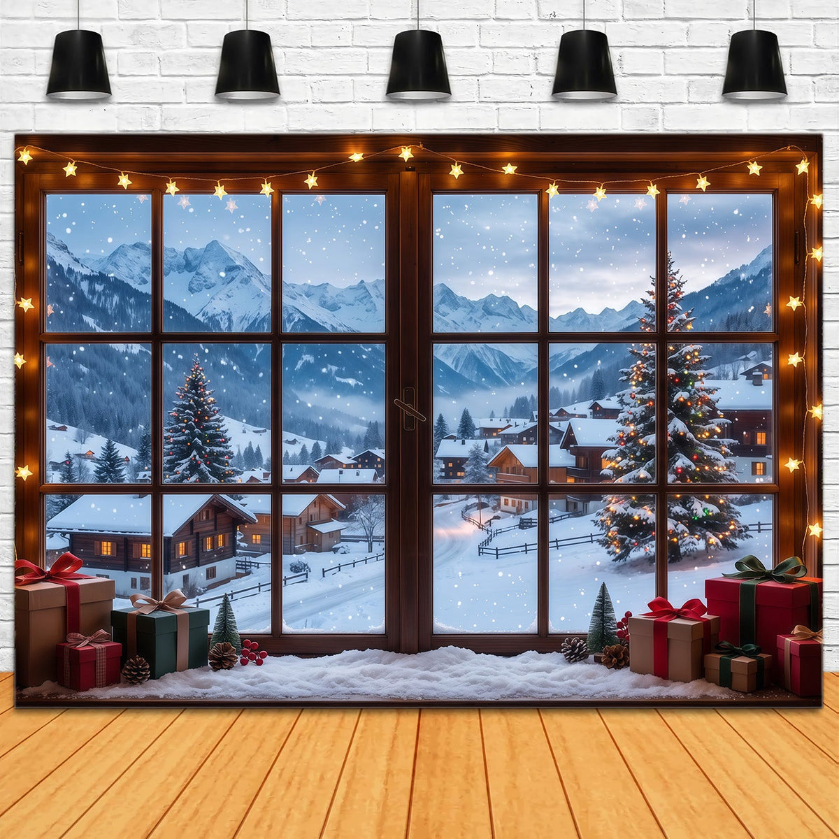 Winter Christmas Backdrop Snowy Alpine Cabin Window Christmas Village Backdrops UK RR610-77