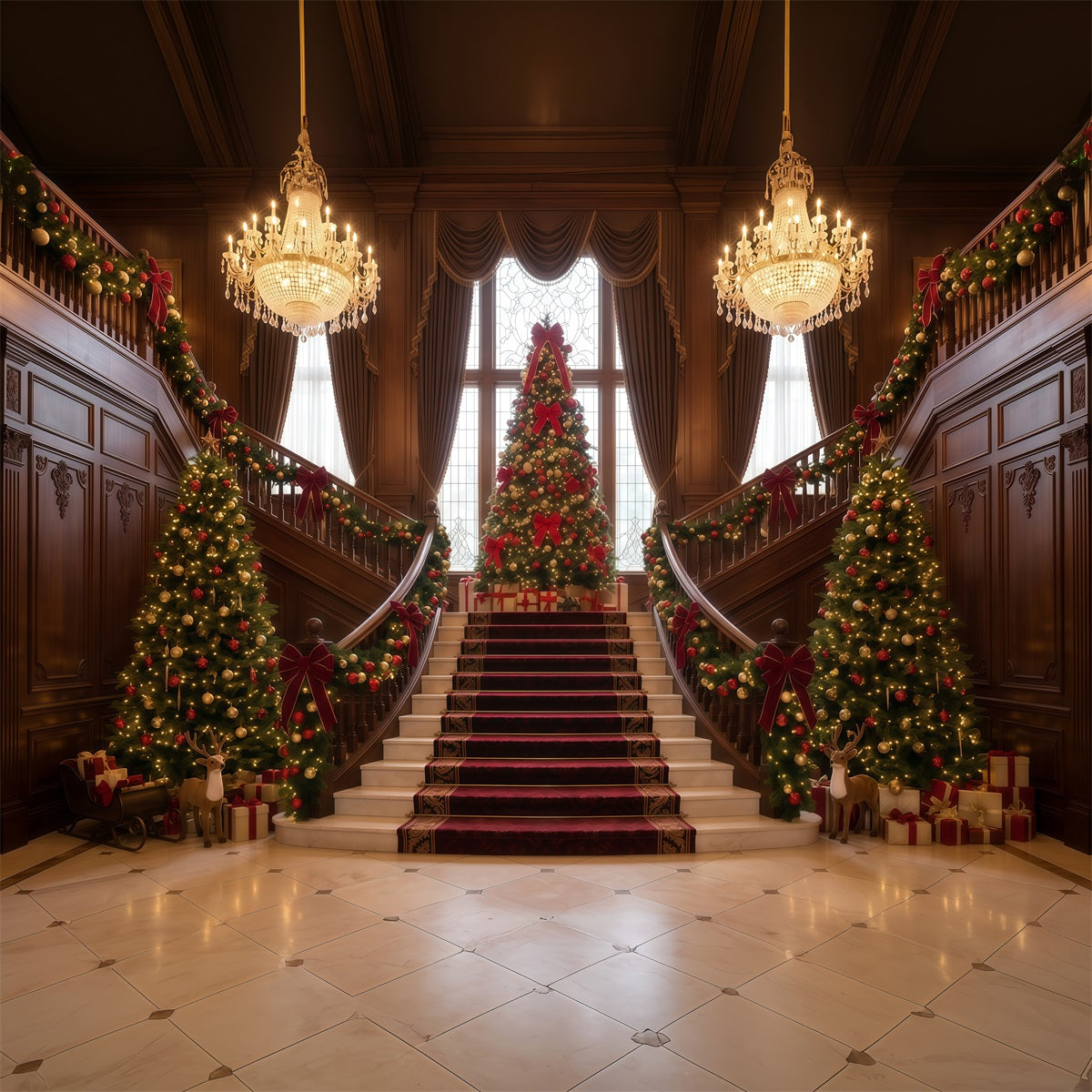 Living Room Christmas Backdrop Grand Staircase Evergreen Display Christmas Wall Backdrop UK RR610-78