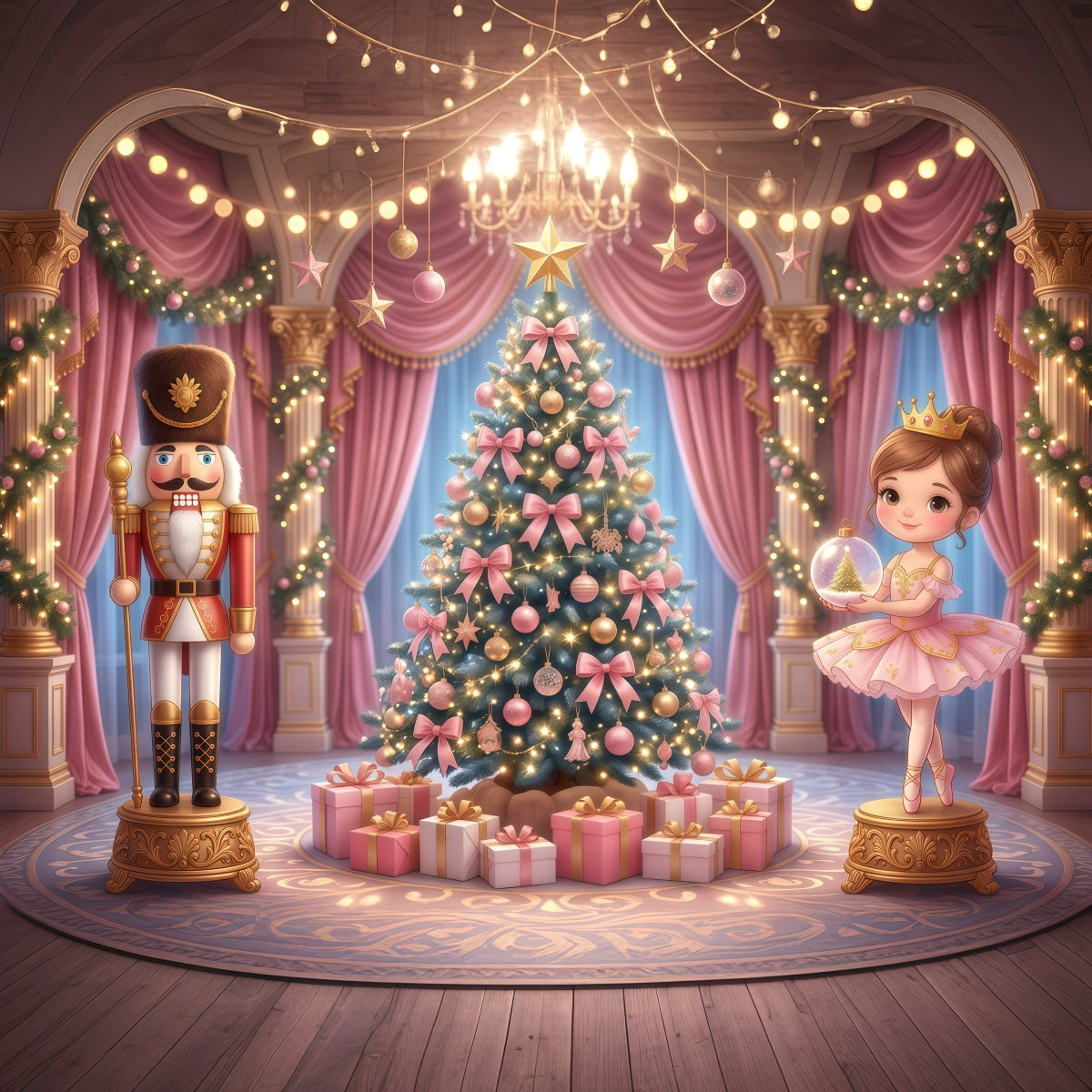 Nutcracker Ballet Backdrop Pink Palace Bow Tree Christmas Scene Backdrop UK RR610-8