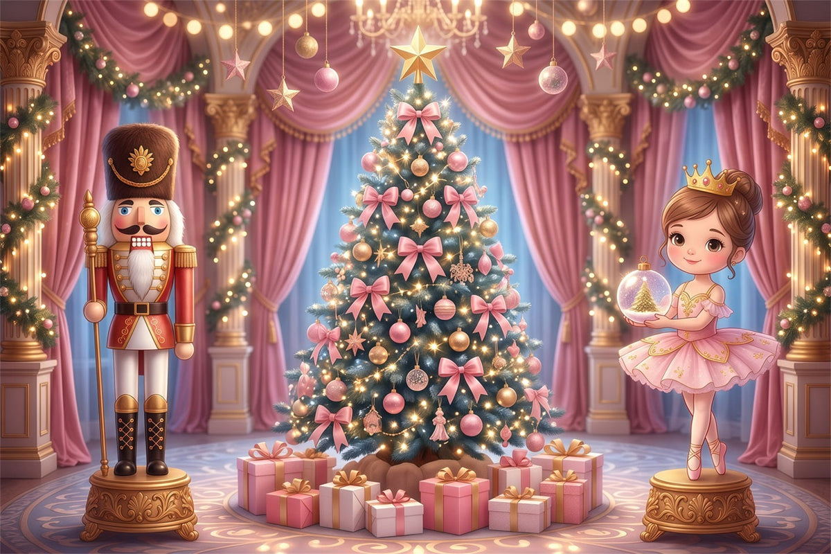 Nutcracker Ballet Backdrop Pink Palace Bow Tree Christmas Scene Backdrop UK RR610-8