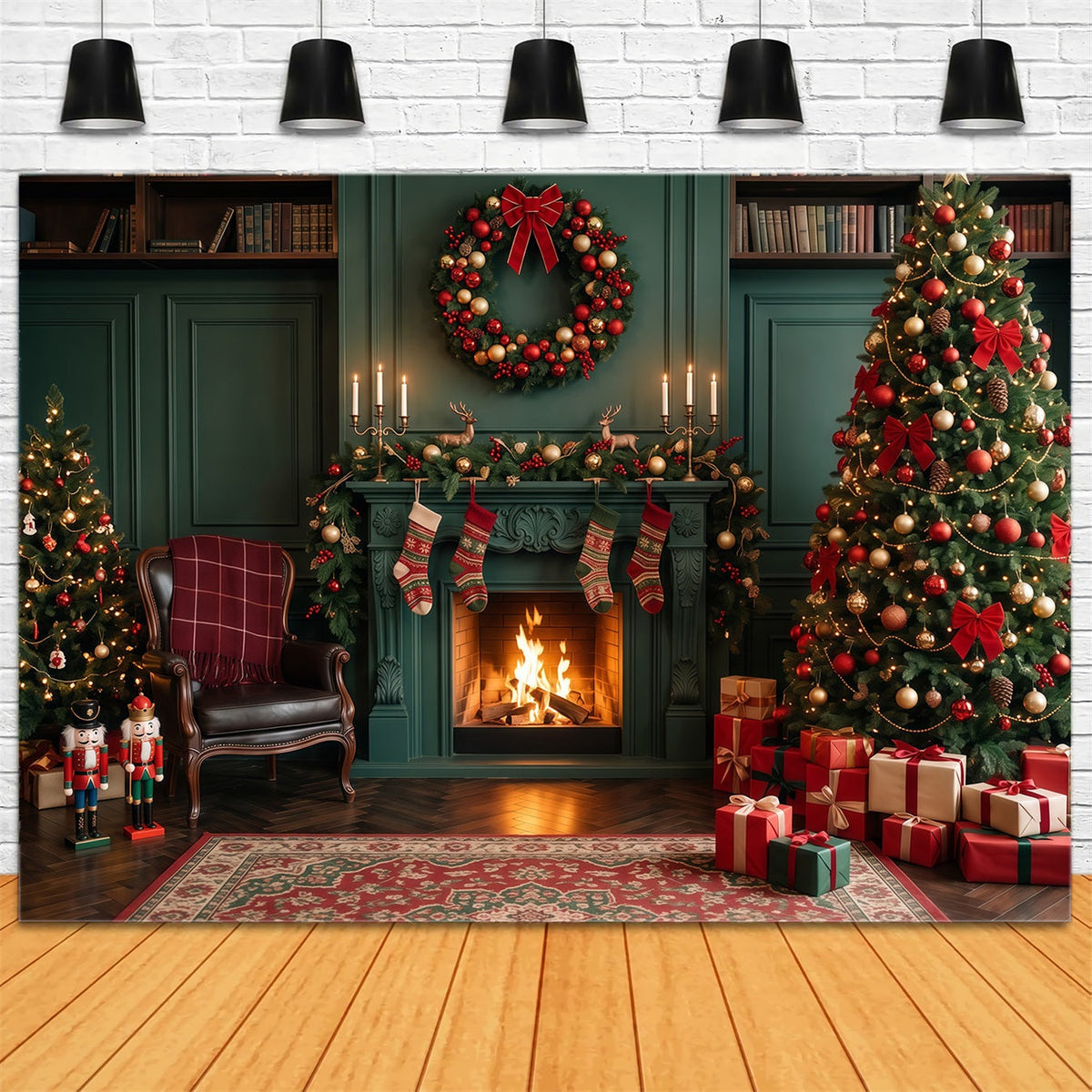 Christmas Fireplace Backdrops Emerald Stocking Display Christmas Scene Backdrop UK RR610-80