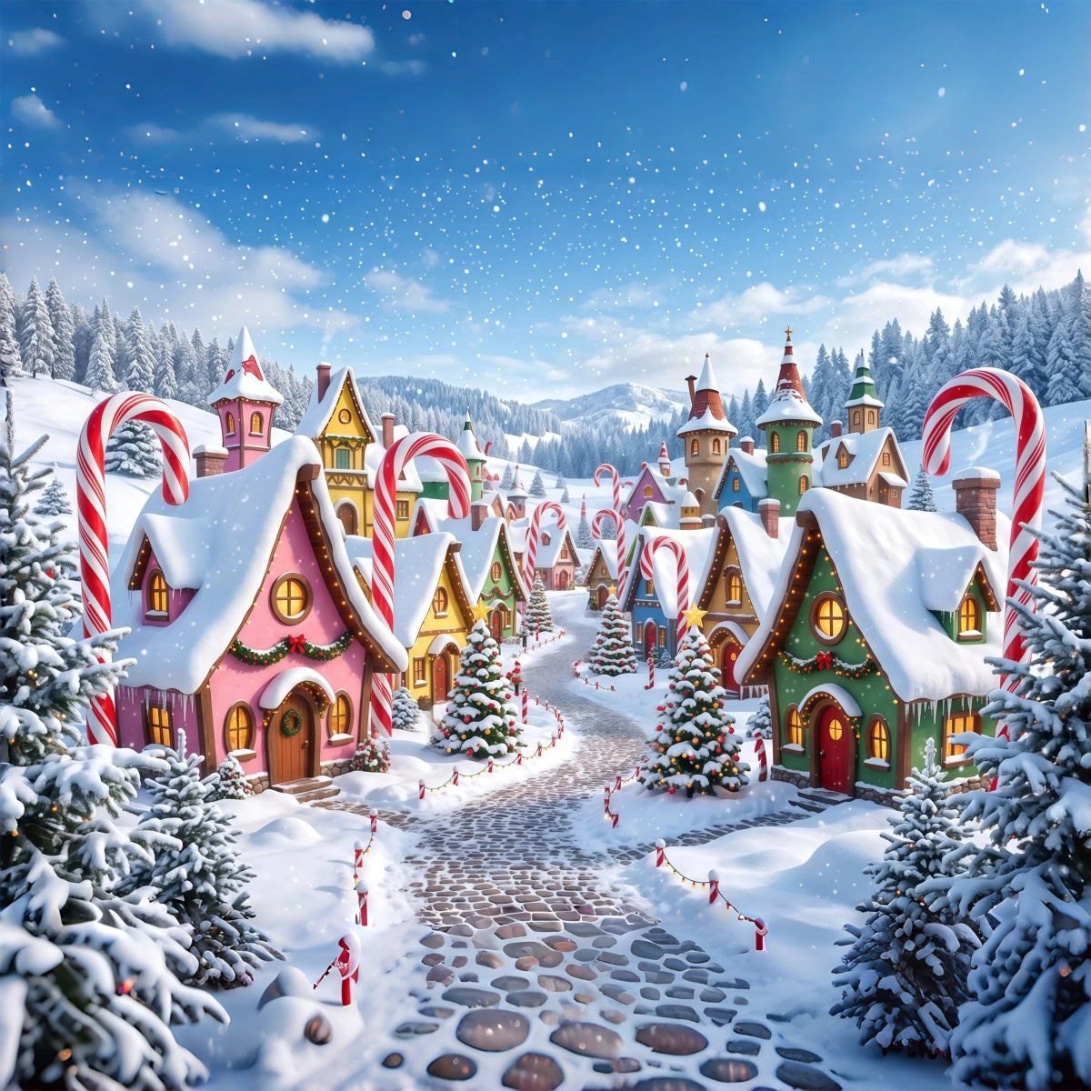 Christmas Village Backdrops Snowy Candy Cane Cottage Christmas Photo Backdrop UK RR610-81