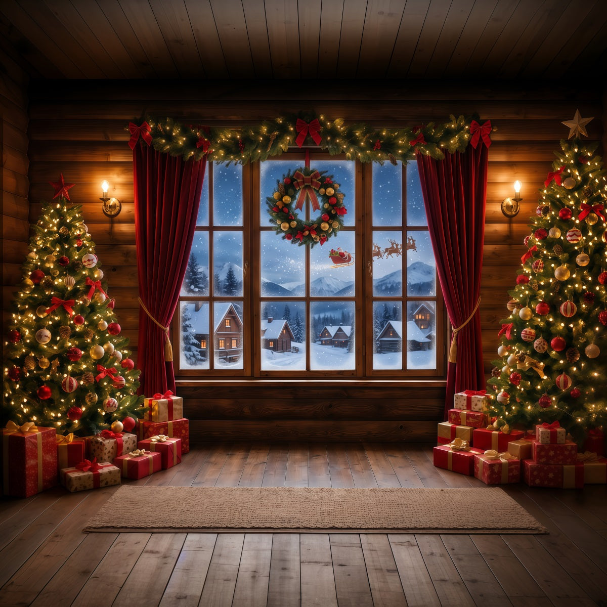 Santa Backdrop Snowy Village Window Display Christmas Backdrops UK RR610-83