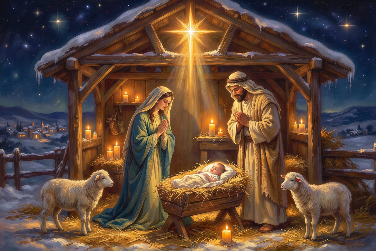 Nativity Scene Backdrop Starry Sky Manger Shelter Christmas Photo Backdrops UK RR610-84