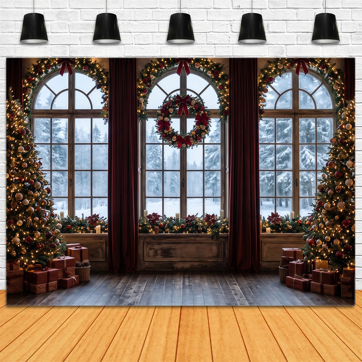 Christmas Backdrops Frosted Window Wreath Display Christmas Backdrop for Photos UK RR610-85