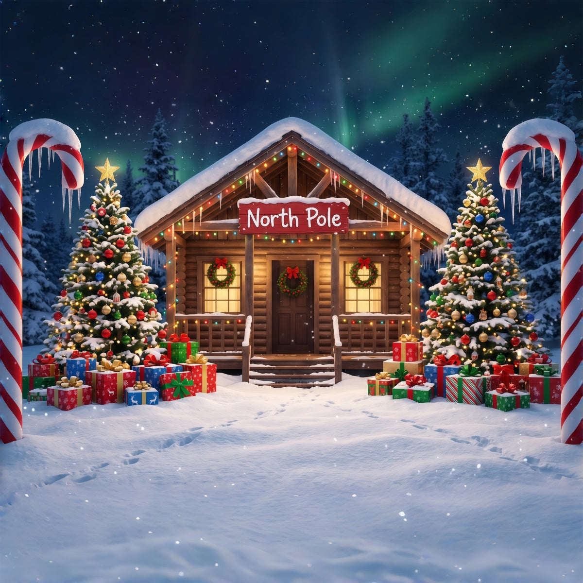 North Pole Photo Backdrop Candy Cane Cabin Entrance Professional Christmas Backdrop UK RR610-86
