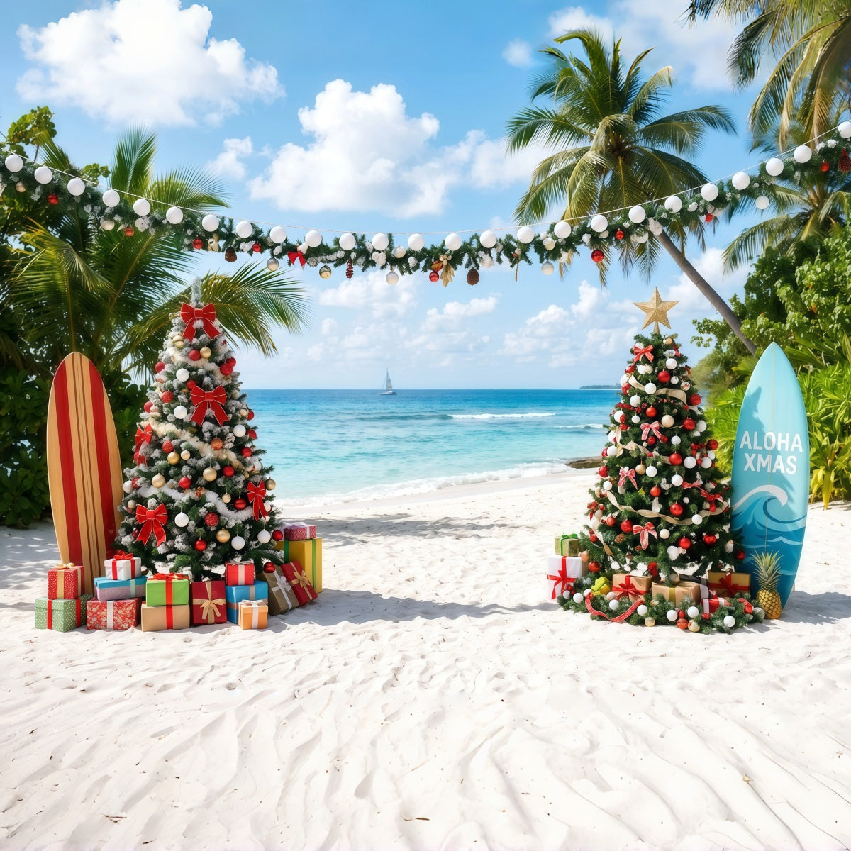 Tropical Christmas Backdrop Sea Beach Surfboard Display Christmas Backdrops for Photos UK RR610-87