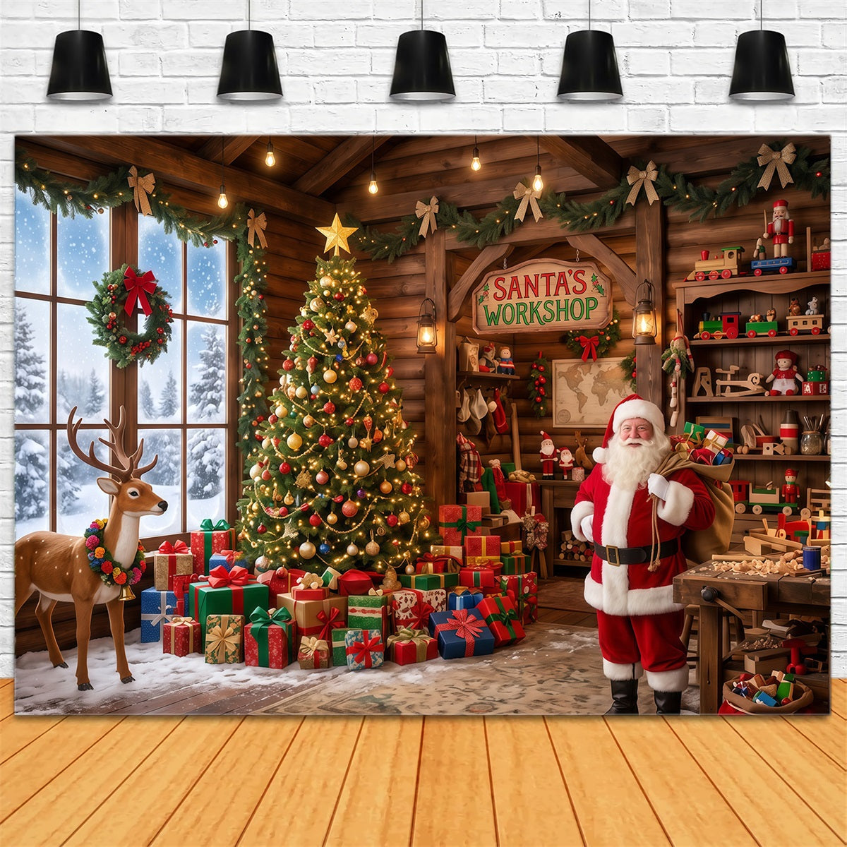 Santa Workshop Backdrop Rustic Toy Room Interior Christmas Backdrops for Photography UK RR610-89