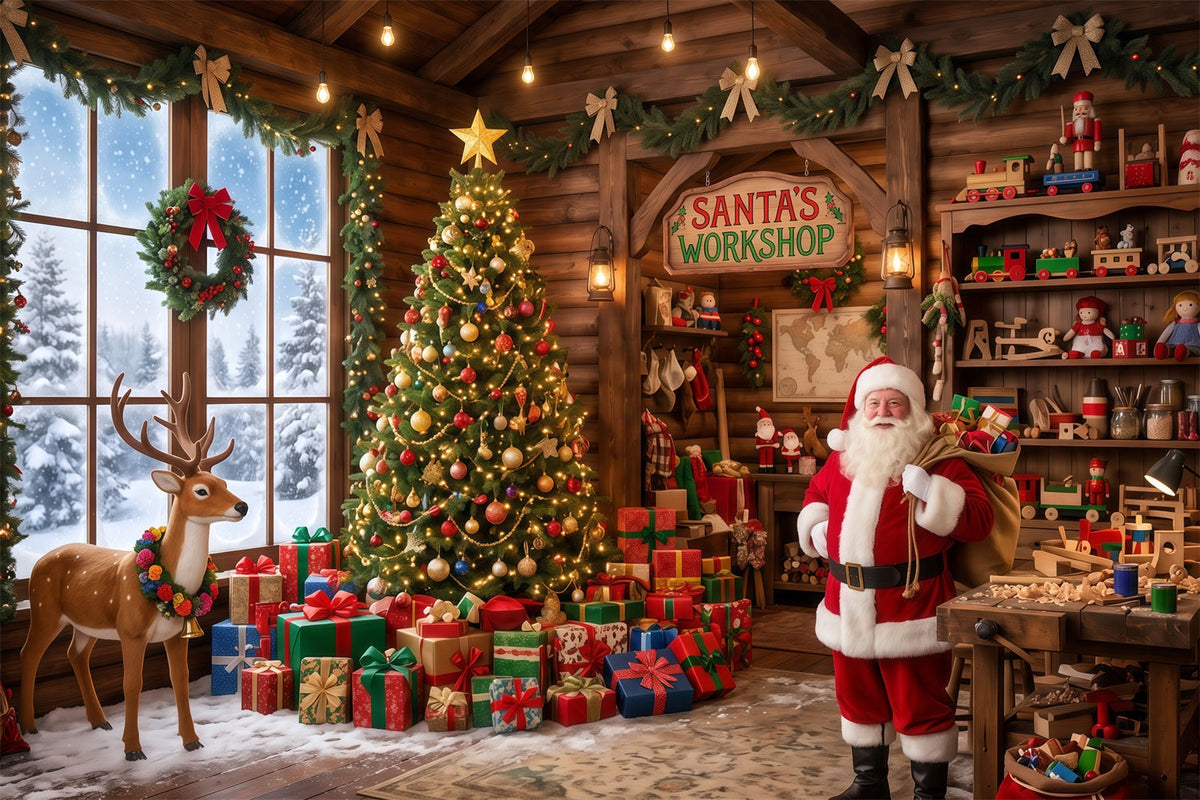 Santa Workshop Backdrop Rustic Toy Room Interior Christmas Backdrops for Photography UK RR610-89
