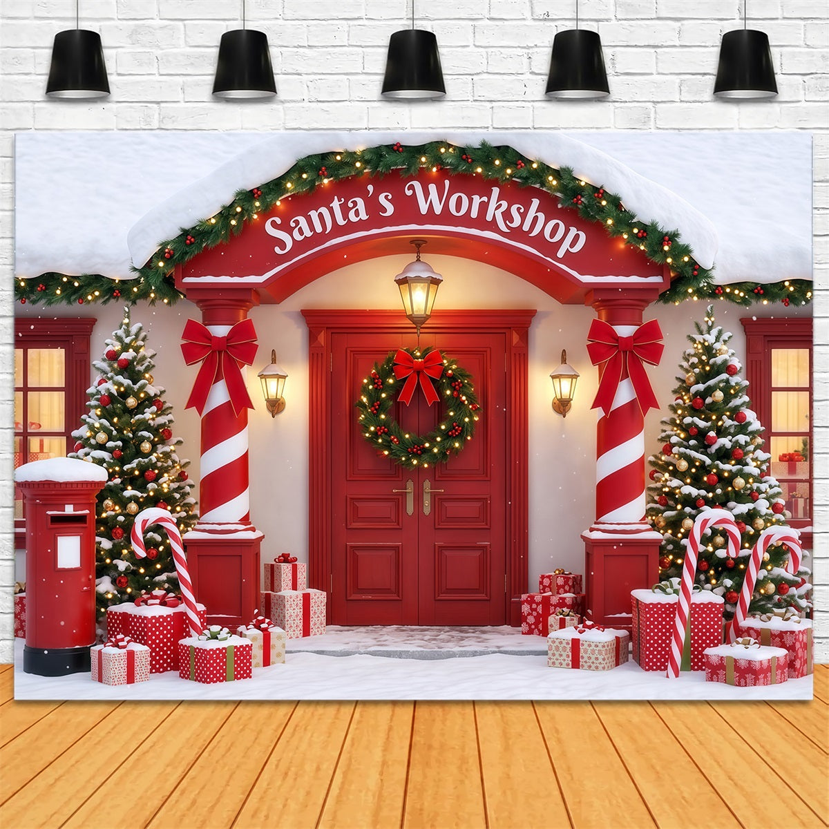 Santa's Workshop Backdrop Candy Cane Room Entrance Christmas Red Backdrop UK RR610-90