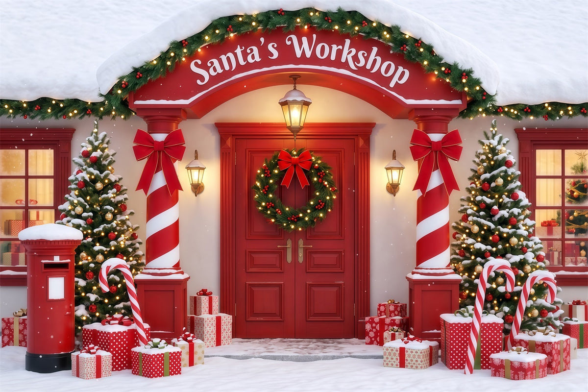 Santa's Workshop Backdrop Candy Cane Room Entrance Christmas Red Backdrop UK RR610-90