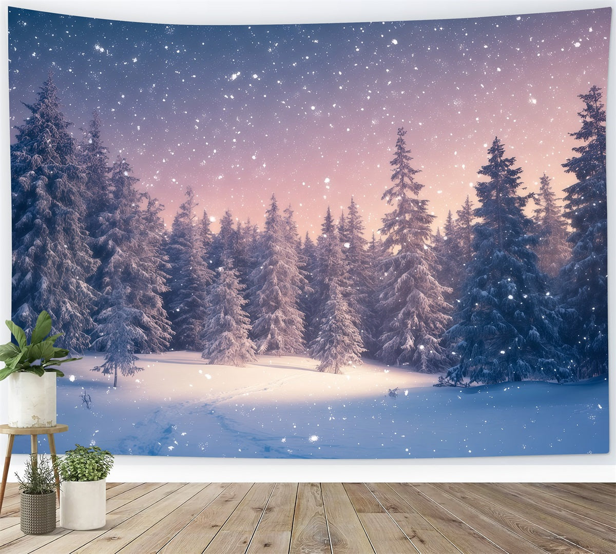 Christmas Tree Backdrops Snowy Twilight Evergreen Forest Xmas Backdrop UK RR610-92